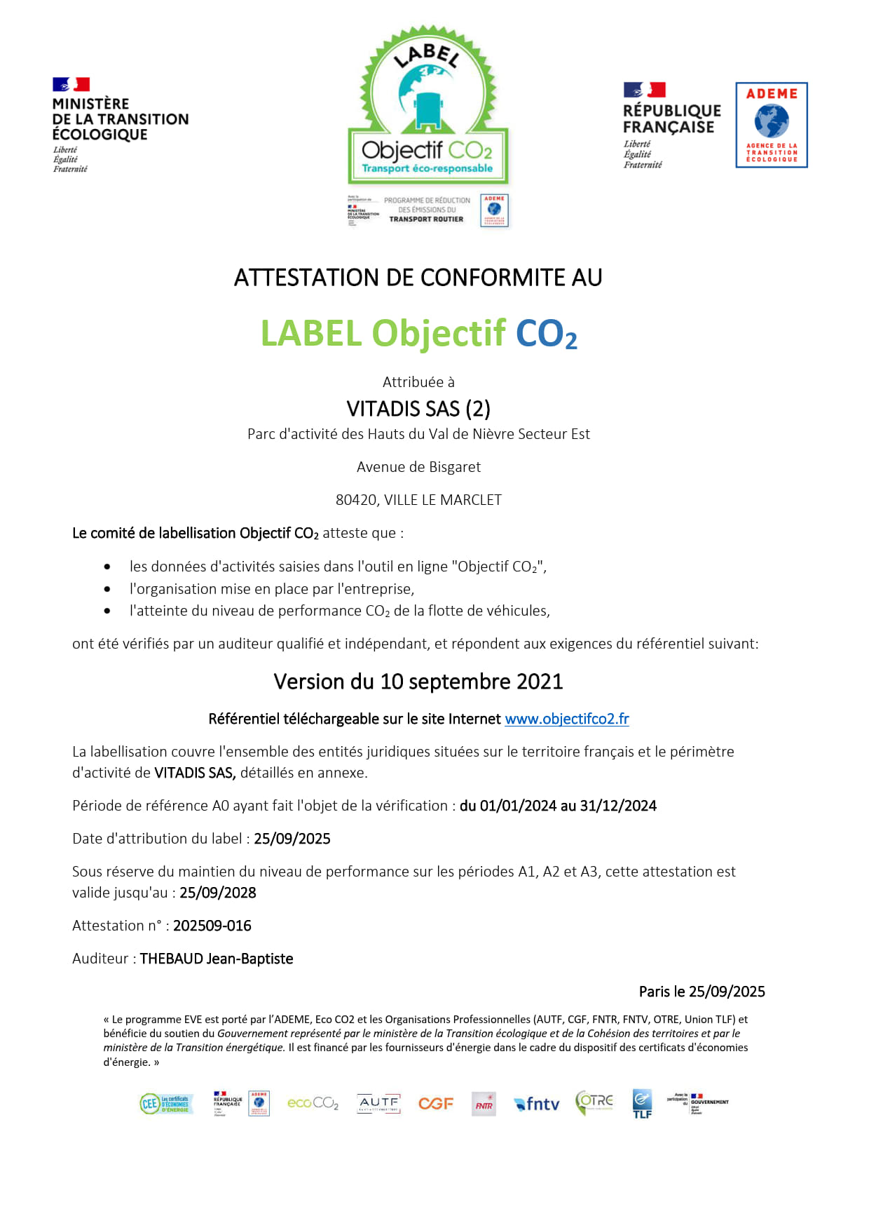 Label Objectif CO2 VITADIS 2025-2028